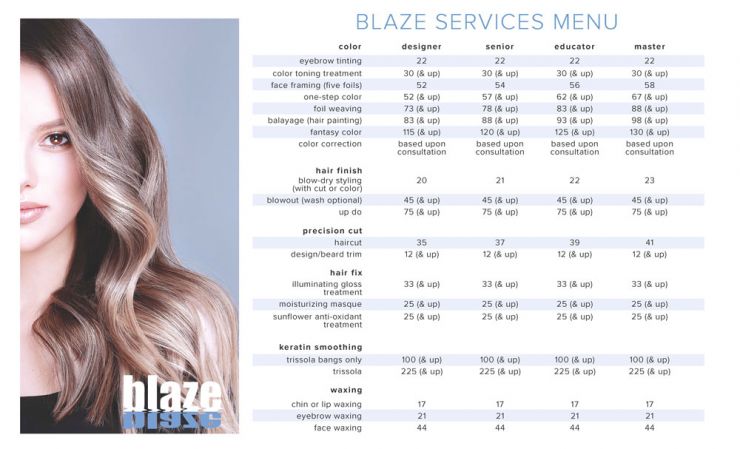 Blaze Salon Services Menu